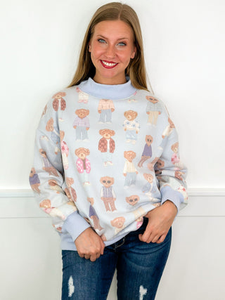 Bear Hug Cotton Blend Long Sleeve Blue Avery Mae Mock Neck Sweatshirt