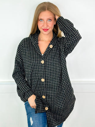 In the Chilly Days Knit Long Sleeve Black Avery Mae Hooded Shacket