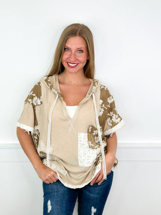 POL Floral Point Ribbed Short Sleeve Hooded Top - 4 colors