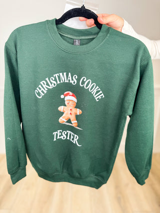 Kids Cutest Cookie Tester Cotton Blend Long Sleeve Green Avery Mae Graphic Crewneck Sweatshirt