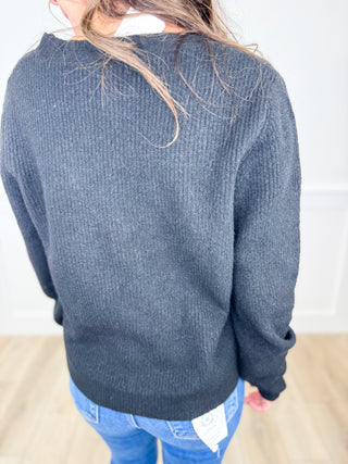 Sew In Love Grateful Heart Knit Long Sleeve Black Avery Mae Button Up Cardigan