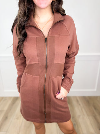 On the Fast Track Cotton Blend Long Sleeve Mocha Brown Avery Mae Dress