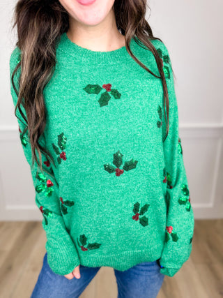 Meet Me Under the Mistletoe Long Sleeve Green Avery Mae Sweater Top