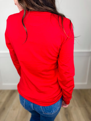 Red long-sleeve cotton tee with plain back, crew neck