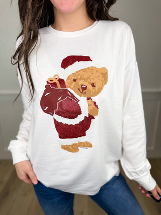 Teddy's Tidings Cotton Blend Long Sleeve White Avery Mae Graphic Top