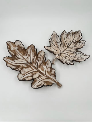 Resin leaf tray decor set of two brushed brown oak-style leaves