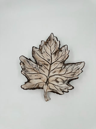 Resin leaf tray decor brushed brown maple-style leaf with stems