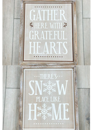 Reversible wood sign with Gather quote on top and snowflake Home quote on bottom