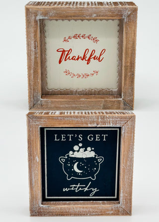 Reversible wood sign: 'Thankful' side and dark LET'S GET teapot design.