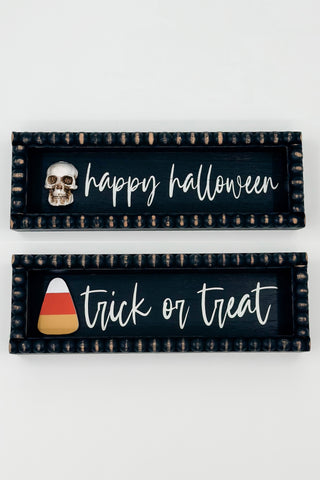 Halloween wood sign set with Happy Halloween and Trick or Treat lettering