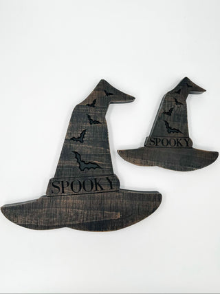 Witch hat wood decor set with bat silhouettes and SPOOKY text