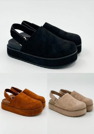 Faux suede platform clogs in black, cognac brown, and oat beige, wide slip-on design