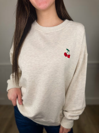 Easel Feeling Cherry Good Cotton Long Sleeve Oatmeal Top