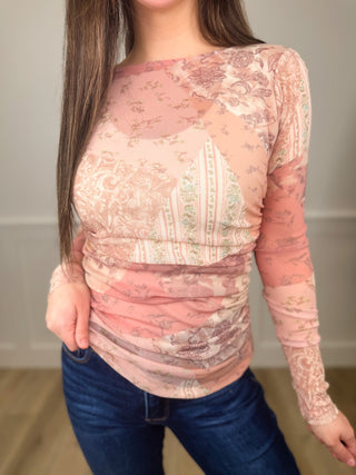 Easel In Your Dreams Sheer Mesh Long Sleeve Blush Top