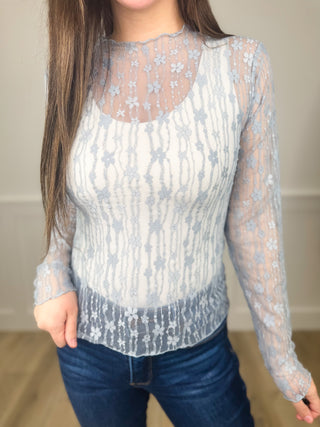 Easel Bringing the Drama Sheer Mesh Long Sleeve Blue Top