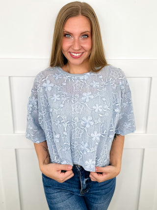 Reclaim Your Narrative Sheer Mesh Short Sleeve Blue Avery Mae Top