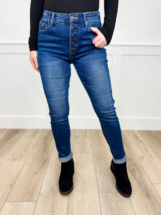 Lana Tummy Control Distressed High Rise Button Fly Raw Hem Skinny Dark Wash Avery Mae Blue Jeans