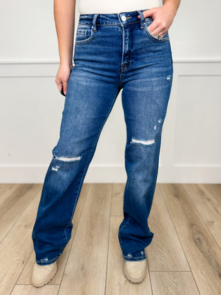 Risen Brandi Tummy Control Distressed High Rise Straight Leg Dark Wash Blue Jeans