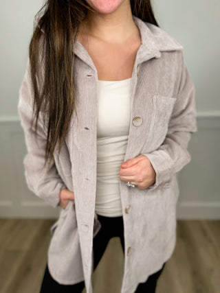 A Moment of Pause Corduroy Long Sleeve Taupe Avery Mae Shacket