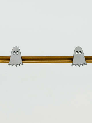 Mini ghost acrylic stud earrings, silver-tone, with flat back posts, pair