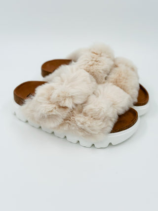 Corkys All This Time Faux Fur Ivory Platform Sandals