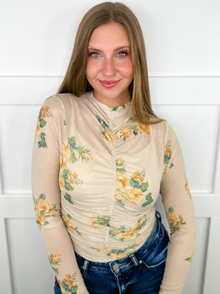Floral Flutter Sheer Mesh Long Sleeve Sand Avery Mae Top