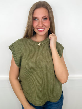 Olive short-sleeve sweater vest with button placket and ribbed crew neckline