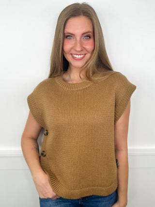 Camel short-sleeve knit sweater vest with button accents and ribbed crew neckline