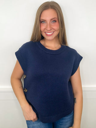 Navy short-sleeve sweater vest with button placket and ribbed crew neckline