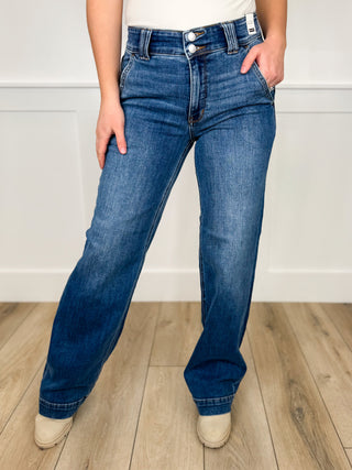 Judy Blue Kira High Rise Double Button Wide Leg Medium Wash Jeans