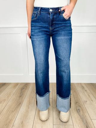 Risen Hadley Mid Rise Cuffed Wide Leg Dark Wash Blue Jeans