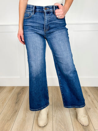 Risen Maeve Tummy Control High Rise Fray Hem Wide Leg Dark Wash Cropped Blue Jeans