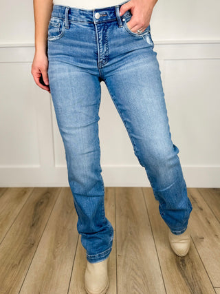 Risen Lennon Tummy Control Mid Rise Straight Leg Medium Wash Blue Jeans