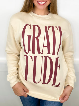 Express Gratitude Cotton Blend Long Sleeve Cream Avery Mae Graphic Crewneck Sweatshirt