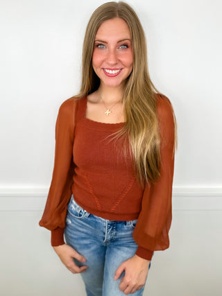 Hem & Thread Give Me Grace Knit Long Sleeve Rust Orange Mom Cropped Top