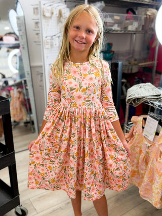 Kids pink floral 3/4 sleeve twirl dress with gathered waist and full skirt