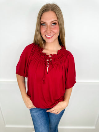 This Time Around Rayon Blend Short Sleeve Wine Avery Mae Top