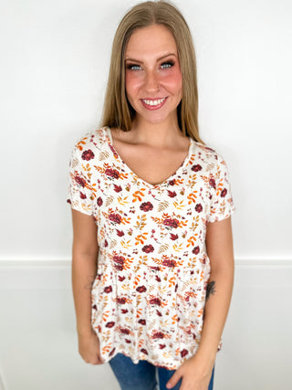 Autumn Leaves Falling Rayon Blend Short Sleeve White Avery Mae Top
