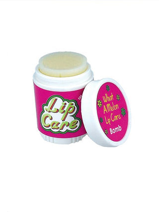 Lip balm container with open white lid, What A Melon label