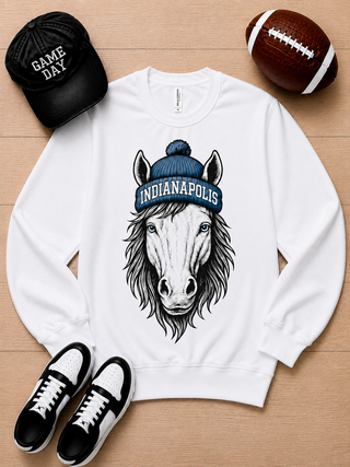 White long-sleeve crewneck sweatshirt with Indianapolis blue hat horse graphic