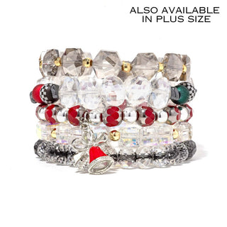 Clear faceted bead bracelet stack with red heart and silver charm accents
