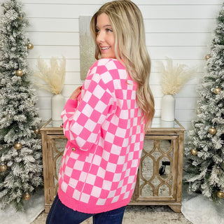 Checking Me Out Long Sleeve Pink Checkered Cardigan