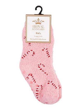 Kids pink slipper socks with red peppermint-style knit pattern