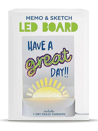 White LED memo & sketch board with colorful greeting art, shown in packaging