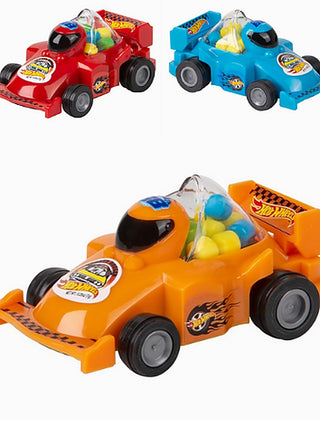 Orange toy race car with clear windshield and candy-like contents, small wheels