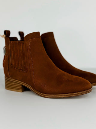 Cognac faux leather ankle booties with side elastic panels and block heel