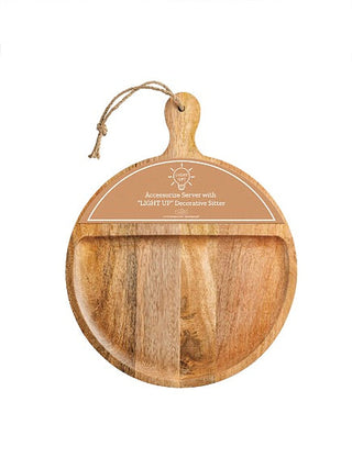 Round wooden serving platter with hanging loop and etched text