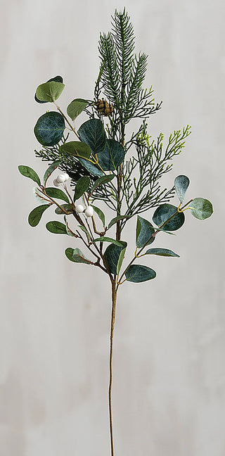 Mistletoe and pine holiday pick with green leaves and pine sprigs on a long stem