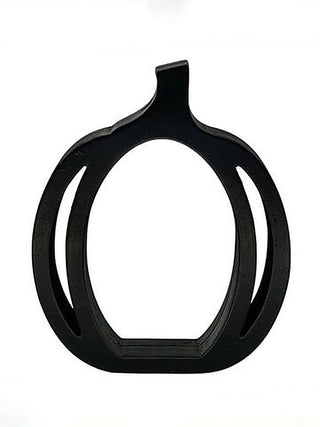 Black pumpkin-shaped wood decor with circular cutout and curved side grooves
