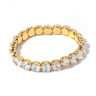 Gold-tone bracelet with round opal-like iridescent stones and gold disc links